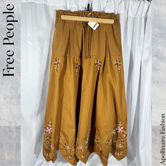 FREE PEOPLE ARIELL EMBROIDERED MAXI SKIRT IN OLIVE LEAF SP NWT - Picture 6 of 9